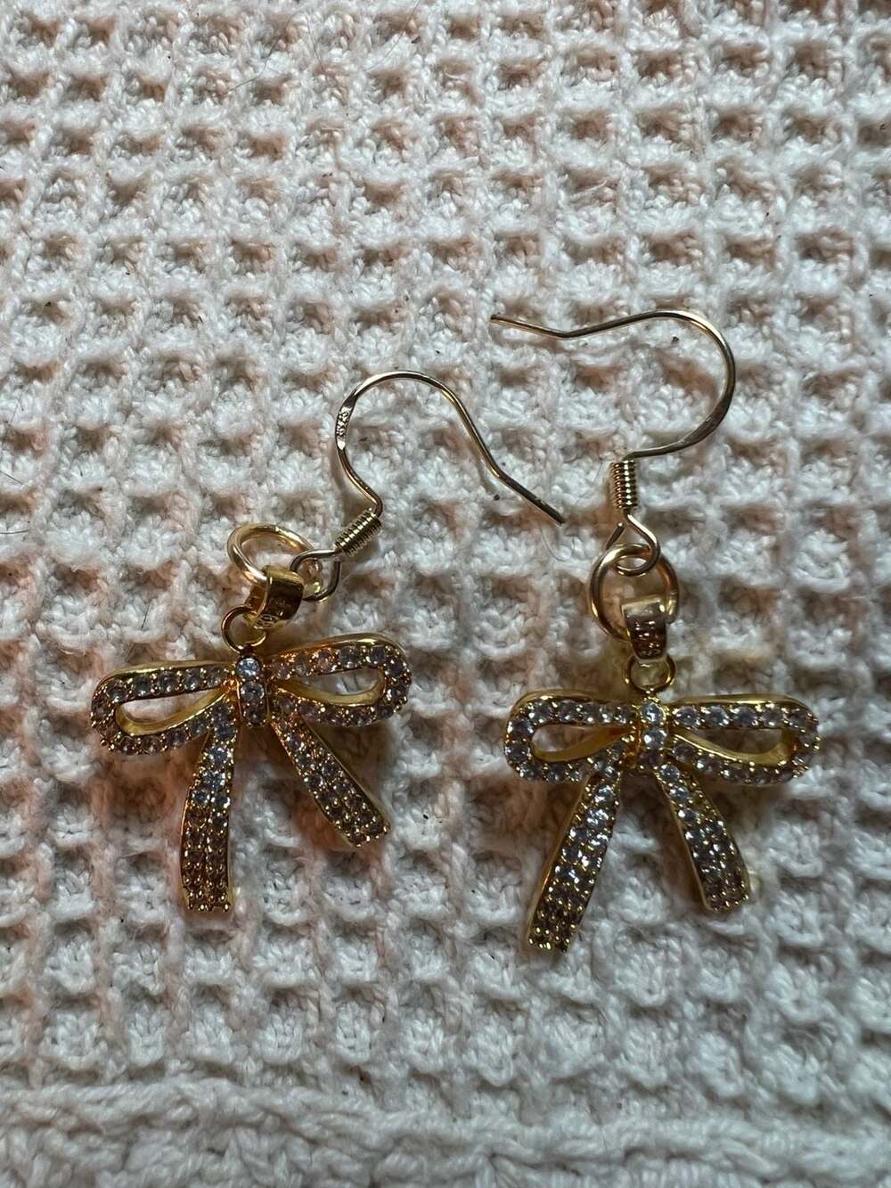 Gold-Tone Rhinestone Bow Dangle Earrings with S925 Stamp